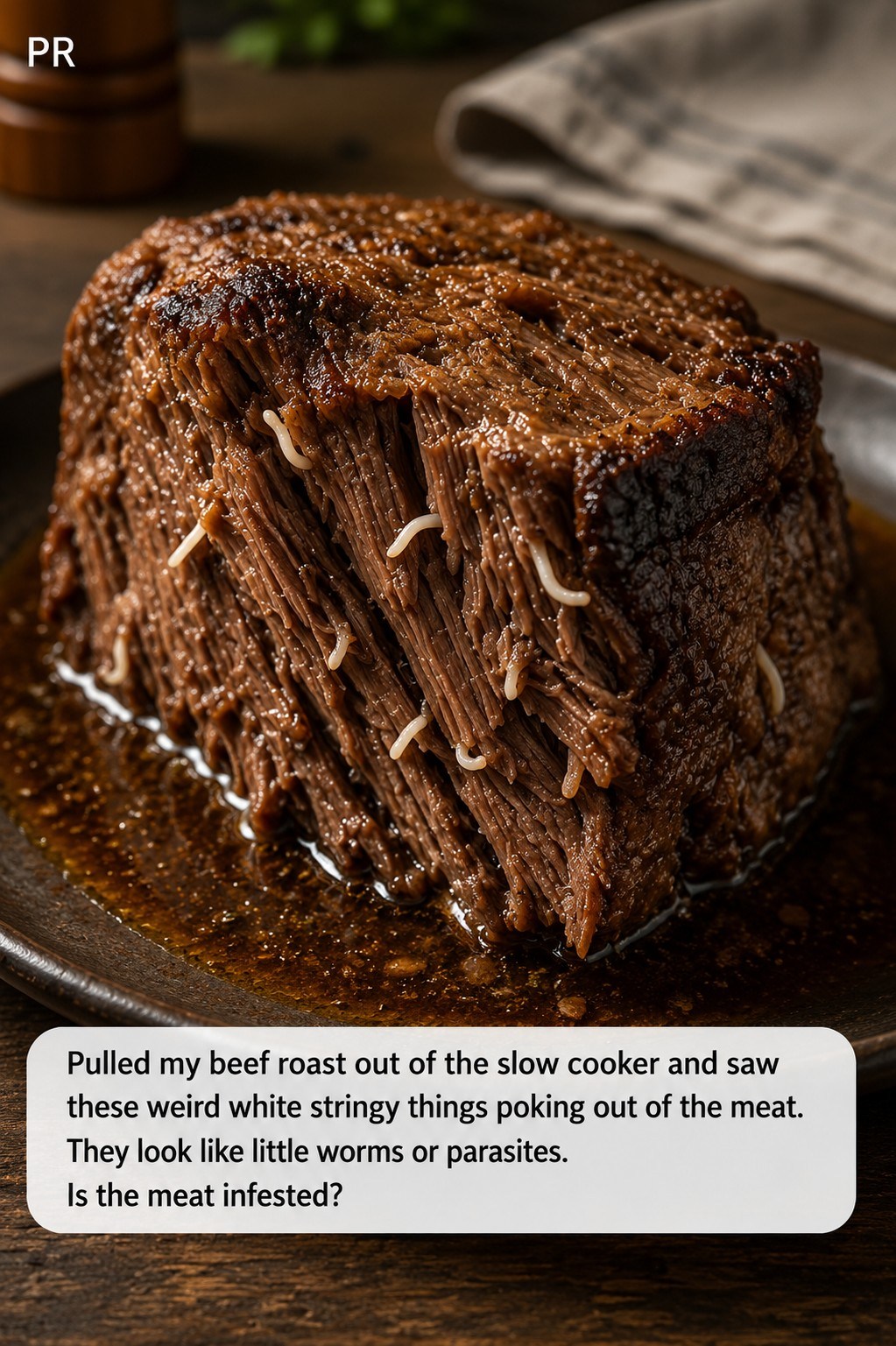 Pulled my beef roast out of the slow cooker and saw these weird white stringy things poking out of the meat. They look like little worms or parasites. Is the meat infested? Full article in comment below