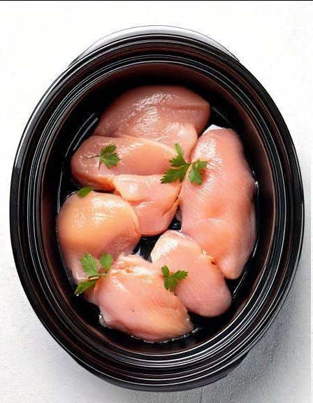 Put raw chicken breasts in a slow cooker with these 4 ingredients. It’s pure magic.