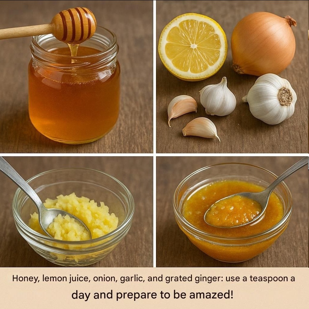 Honey, lemon juice, onion, garlic, and grated ginger: use a teaspoon a day and prepare to be amazed!