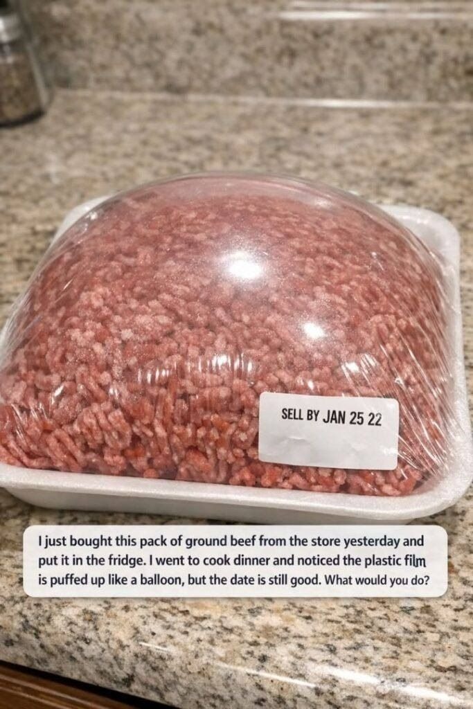 I just bought this pack of ground beef from the store yesterday and put it in the fridge. I went to cook dinner and noticed the plastic film is puffed up like a balloon, but the date is still good.